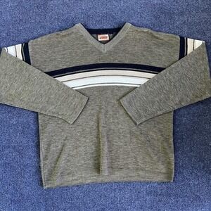 Y2K Zonz Sweater Mens XL Gray Stripe V Neck Pullover 100% Acrylic Ribbed Sweater